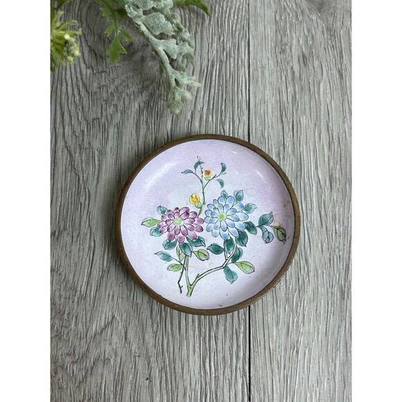 Vintage Enamel Coated Trinket Dish Pink Floral Country Cottage 3” - Picture 1 of 5